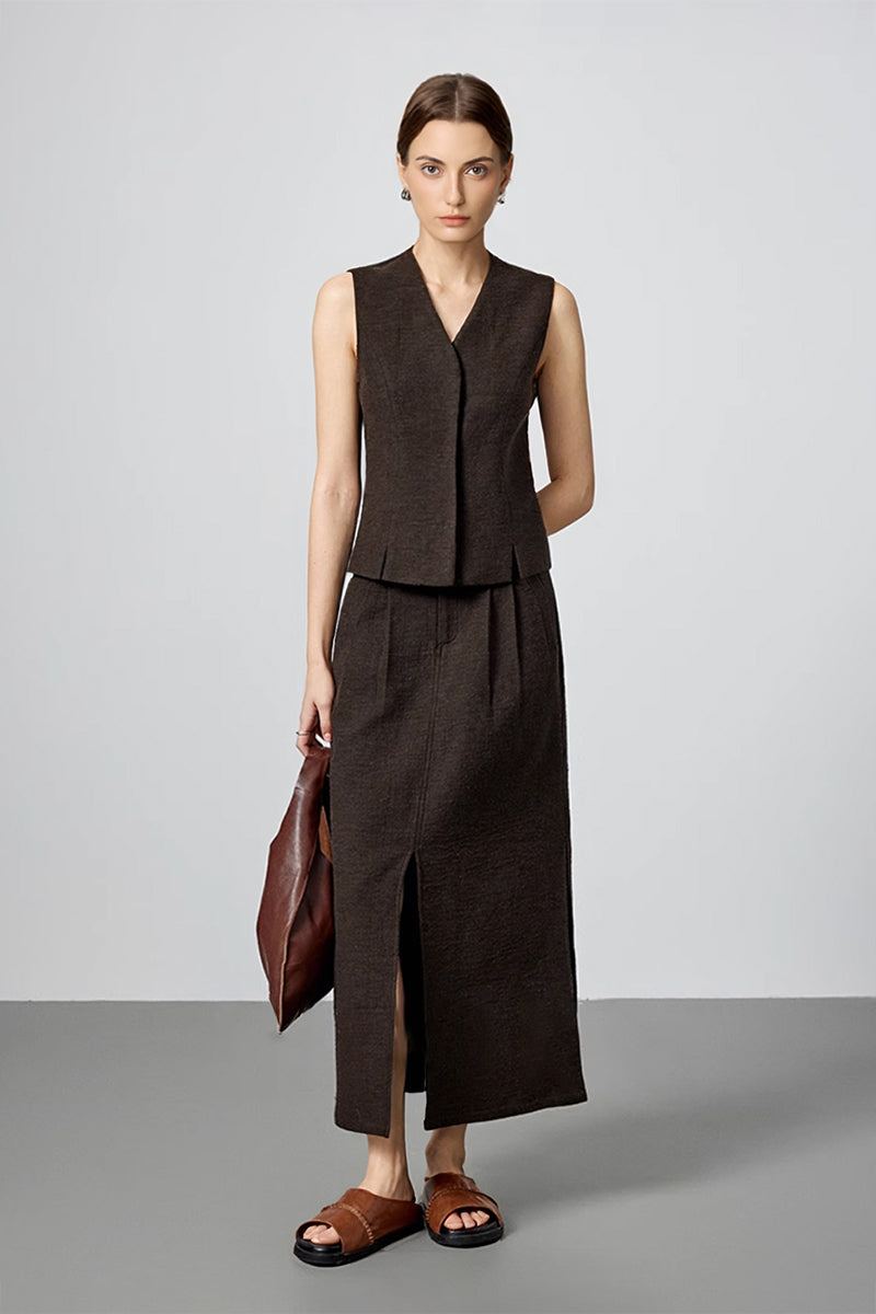 Pleated Cotton-Linen A-Line Midi Skirt with Slits