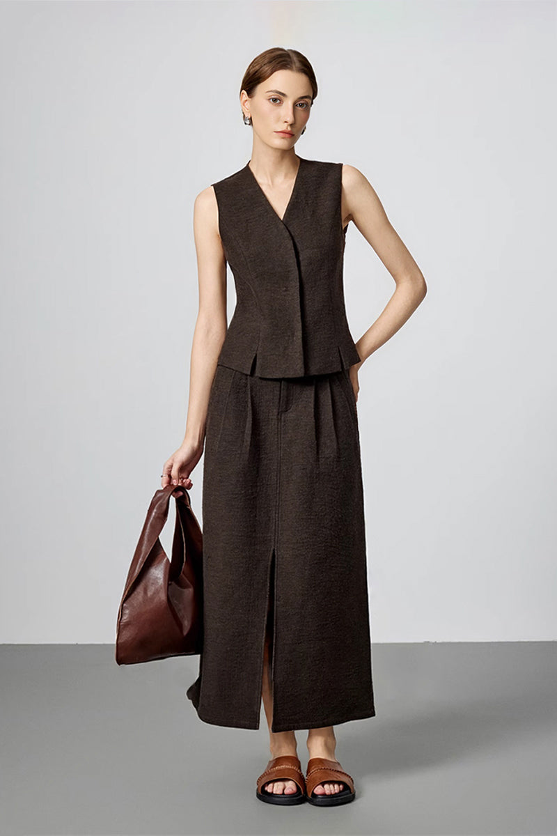 Pleated Cotton-Linen A-Line Midi Skirt with Slits
