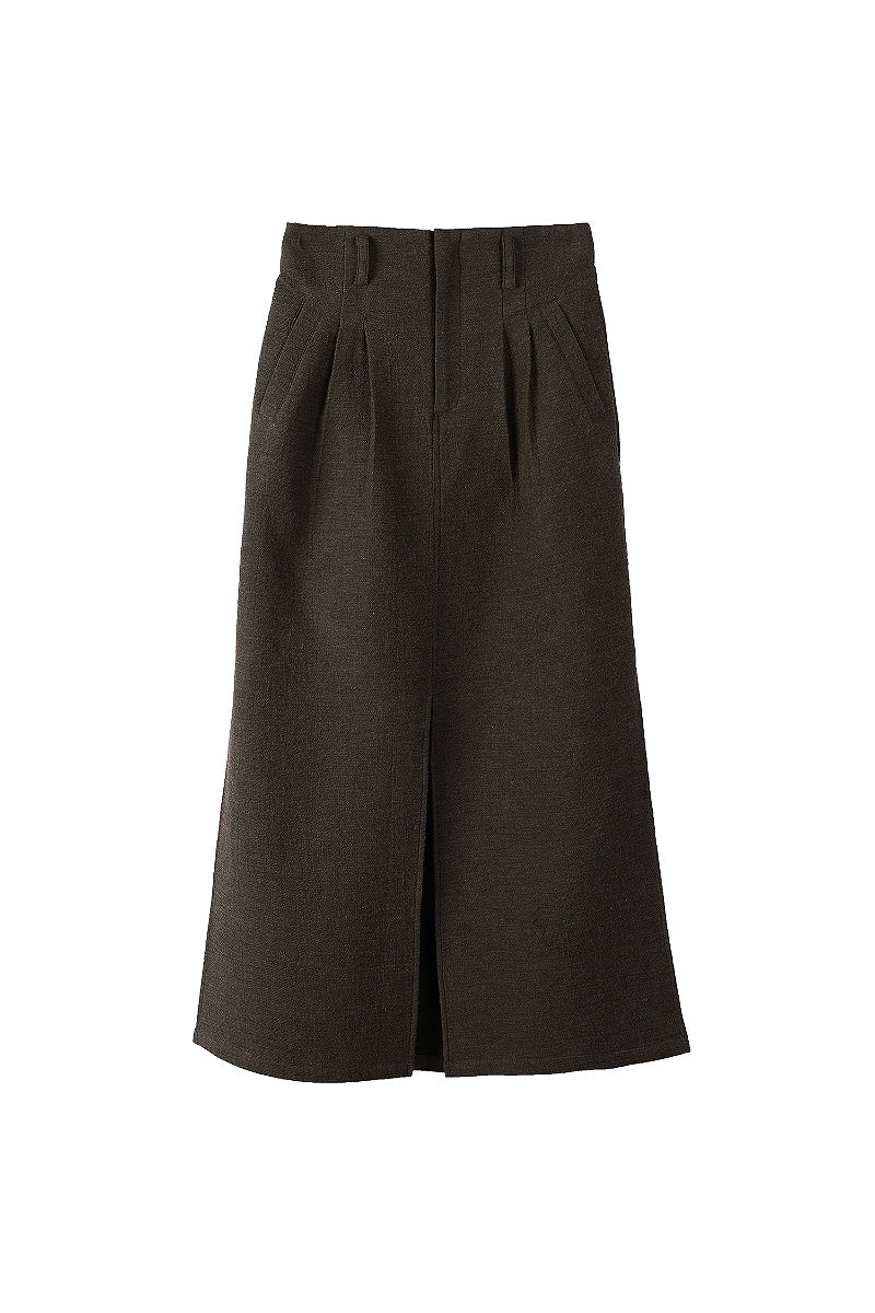 Pleated Cotton-Linen A-Line Midi Skirt with Slits
