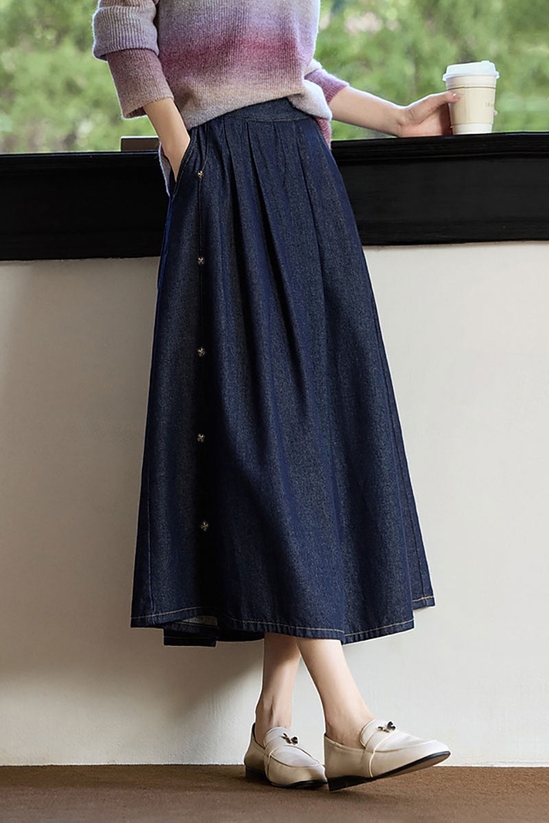 Pleated Denim A-Line Midi Skirt with Side Buttons