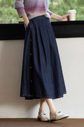 Pleated Denim A-Line Midi Skirt with Side Buttons