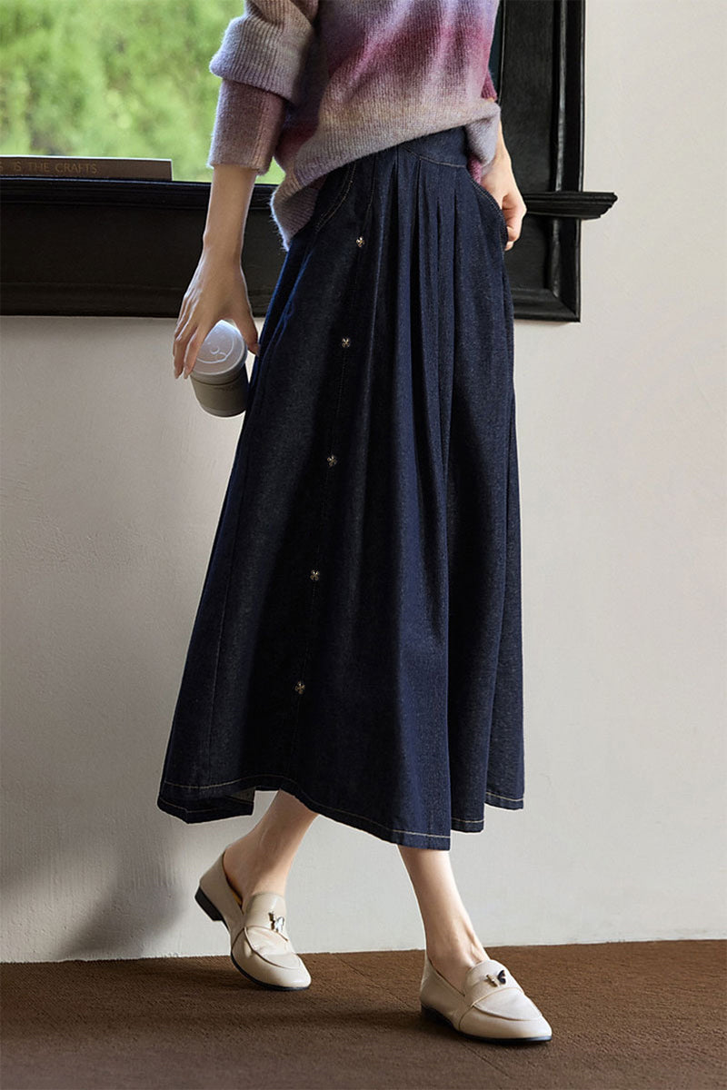 Pleated Denim A-Line Midi Skirt with Side Buttons