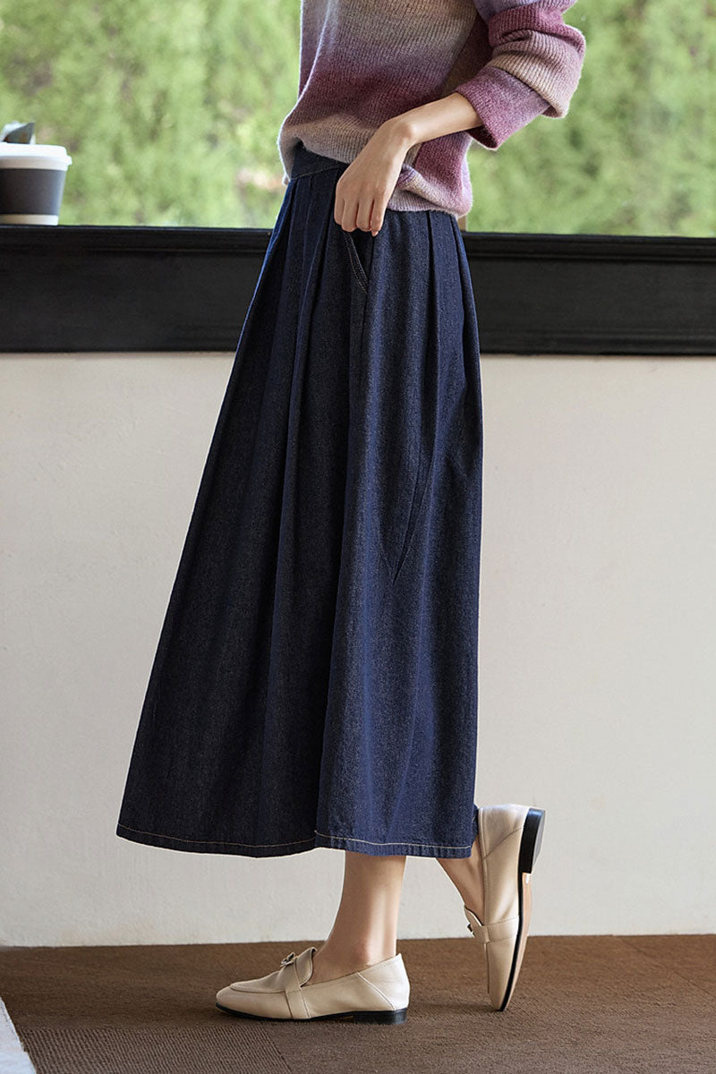 Pleated Denim A-Line Midi Skirt with Side Buttons