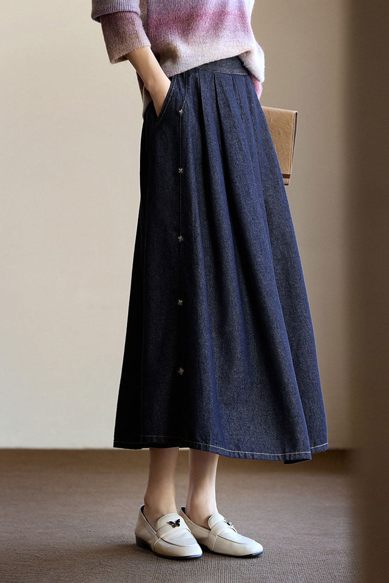 Pleated Denim A-Line Midi Skirt with Side Buttons