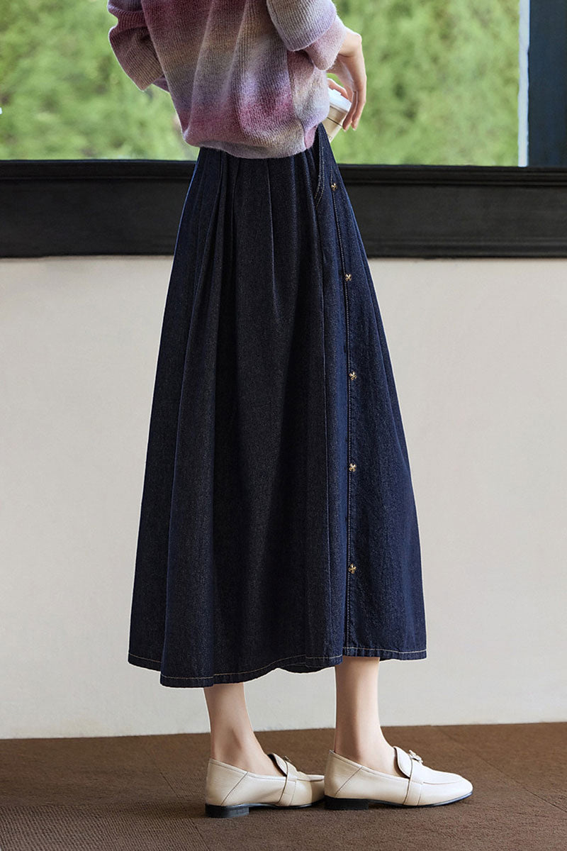 Pleated Denim A-Line Midi Skirt with Side Buttons