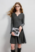 Pleated Long Sleeve A-Line Midi Sweater Dress