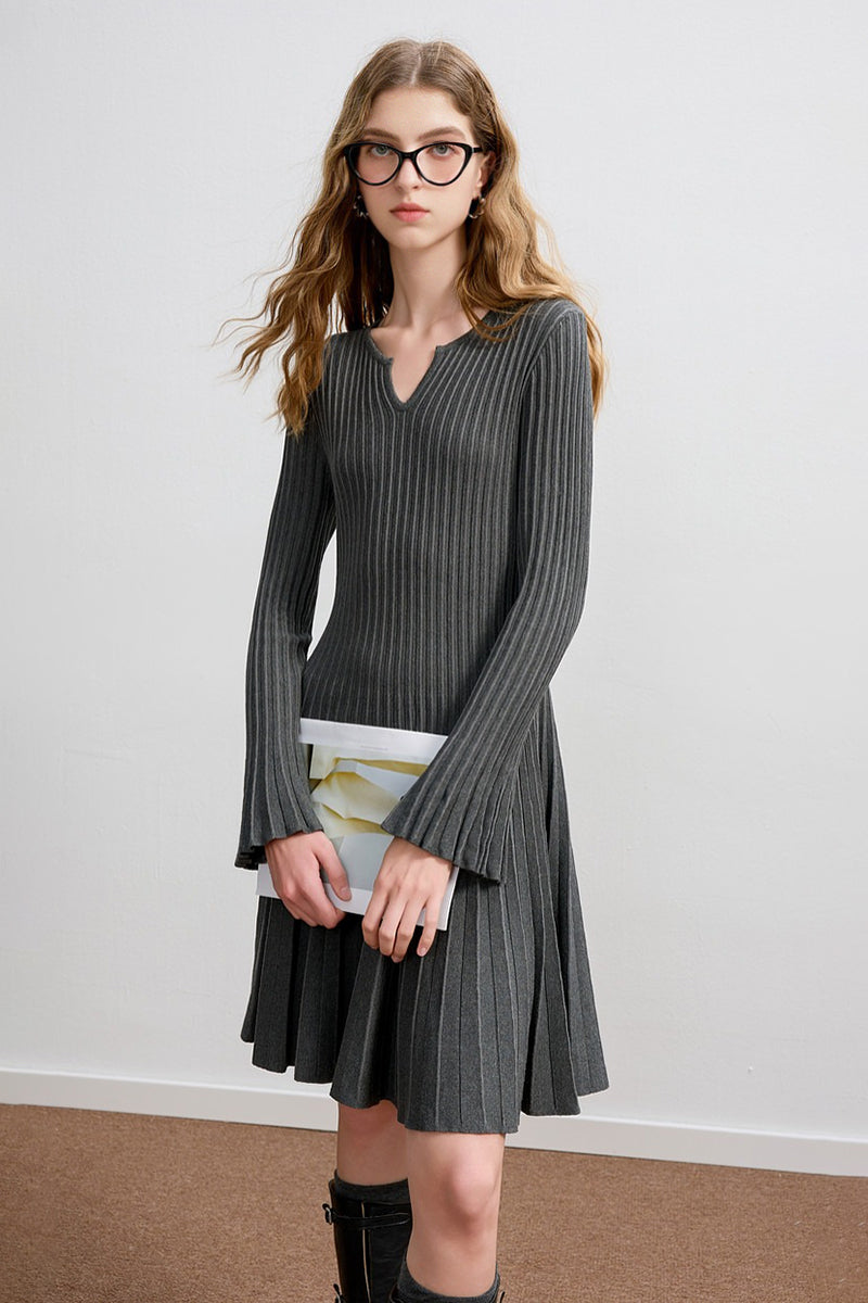 Pleated Long Sleeve A-Line Midi Sweater Dress