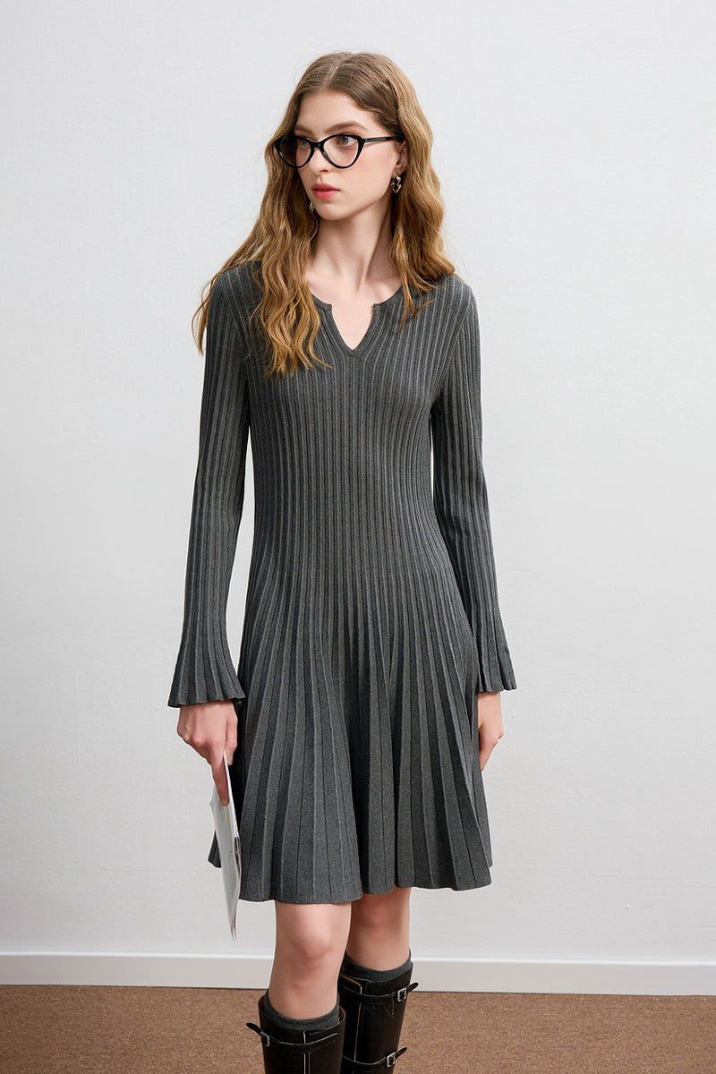 Pleated Long Sleeve A-Line Midi Sweater Dress