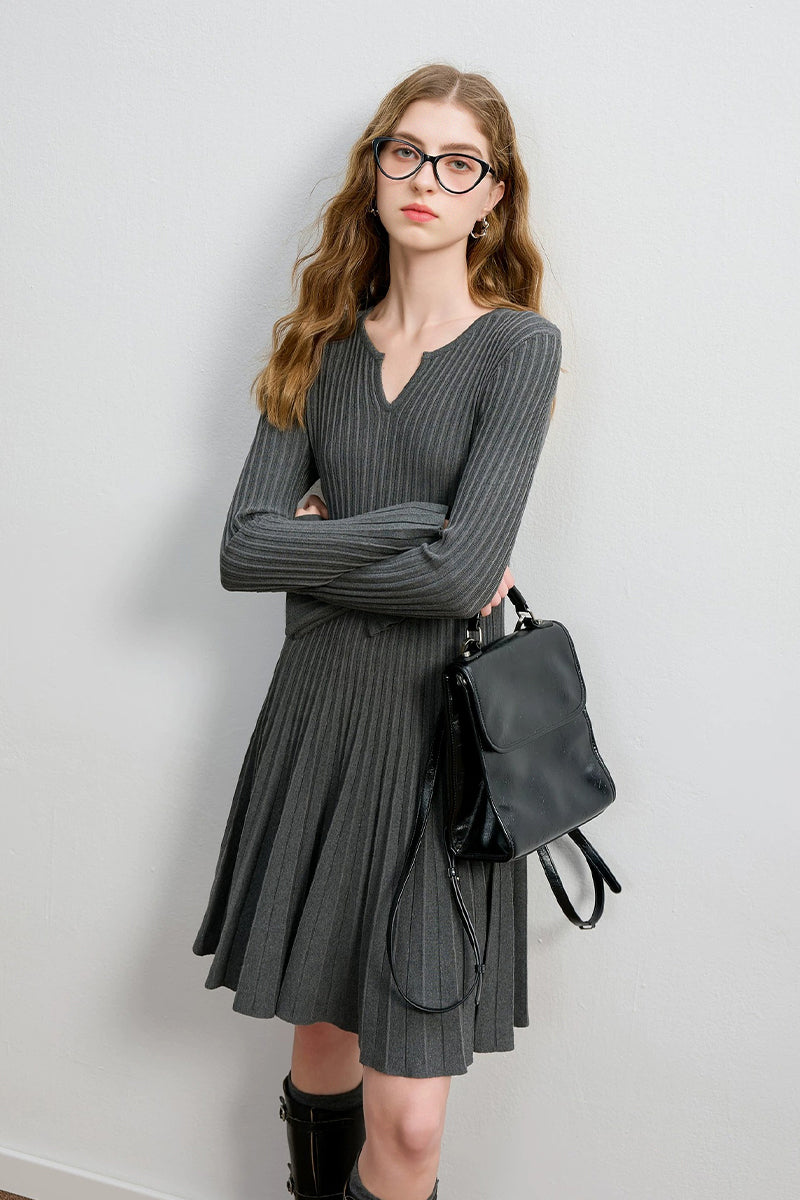 Pleated Long Sleeve A-Line Midi Sweater Dress