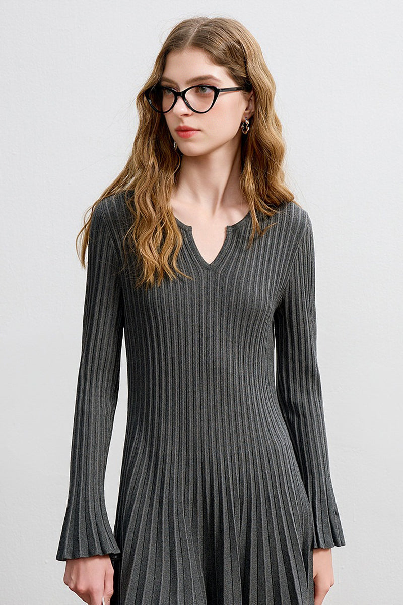 Pleated Long Sleeve A-Line Midi Sweater Dress