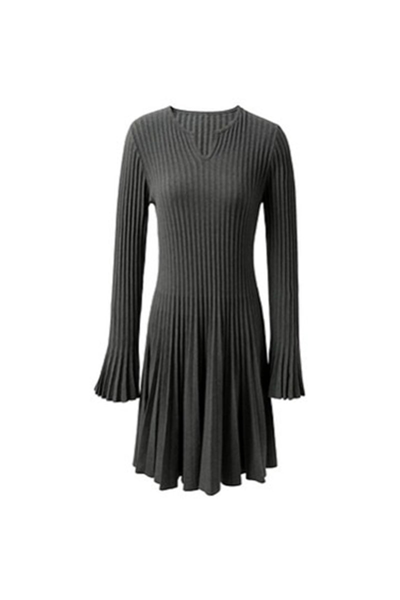 Pleated Long Sleeve A-Line Midi Sweater Dress