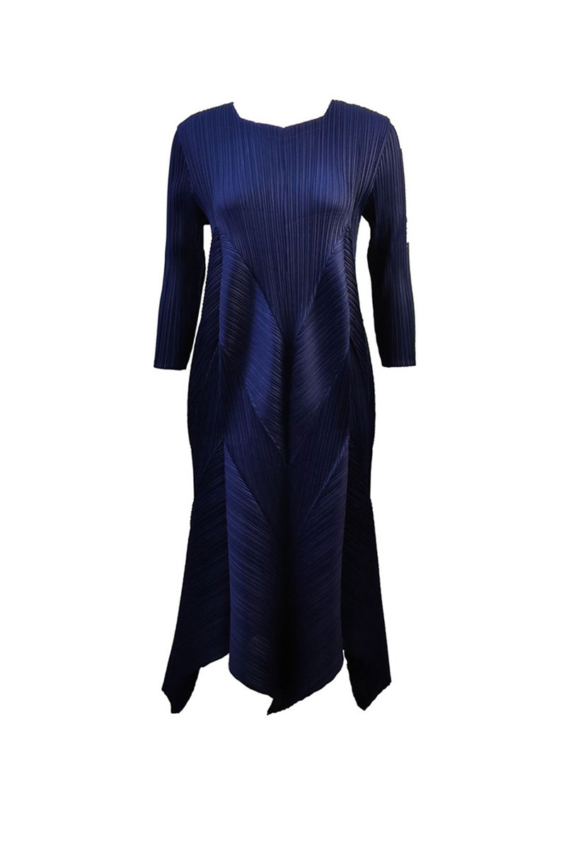 Pleated Long-Sleeve Midi Dress with Tulip Hem