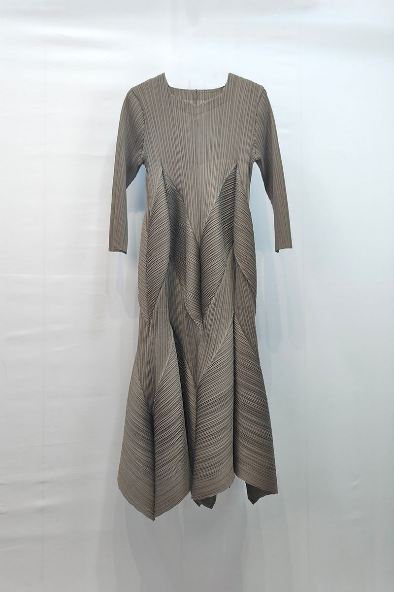 Pleated Long-Sleeve Midi Dress with Tulip Hem