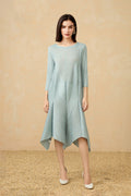 Pleated Long-Sleeve Midi Dress with Tulip Hem