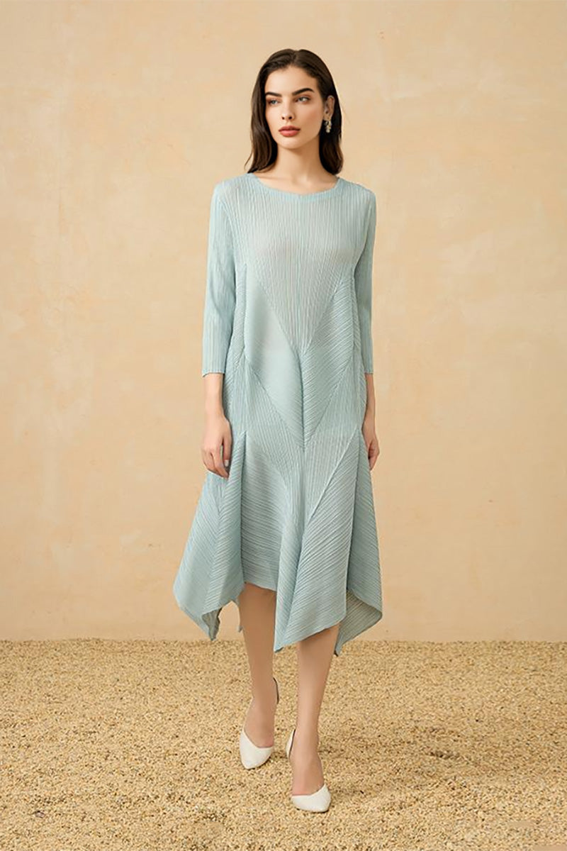 Pleated Long-Sleeve Midi Dress with Tulip Hem