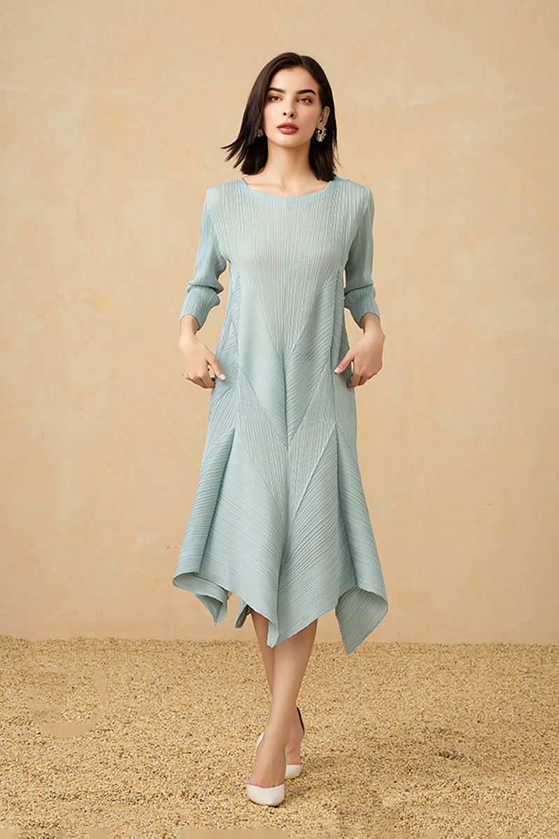 Pleated Long-Sleeve Midi Dress with Tulip Hem