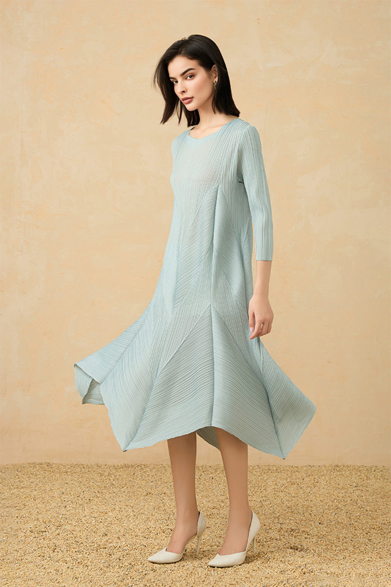 Pleated Long-Sleeve Midi Dress with Tulip Hem