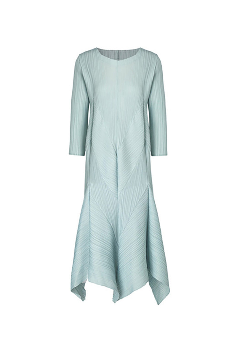 Pleated Long-Sleeve Midi Dress with Tulip Hem