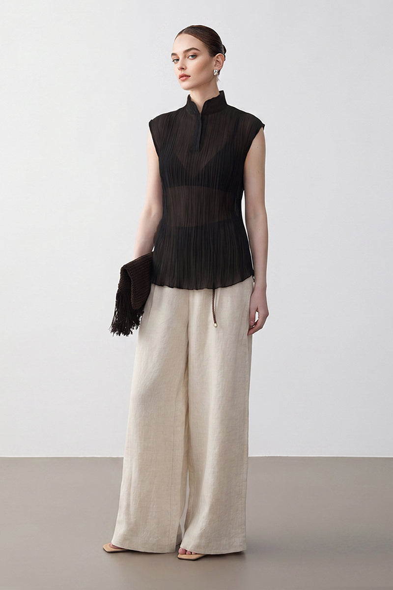 Pleated Sleeveless Sheer Textured Tank Top
