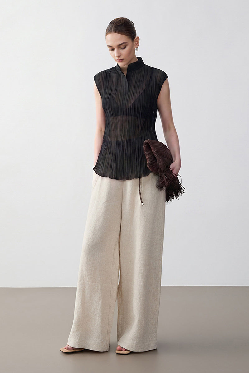 Pleated Sleeveless Sheer Textured Tank Top