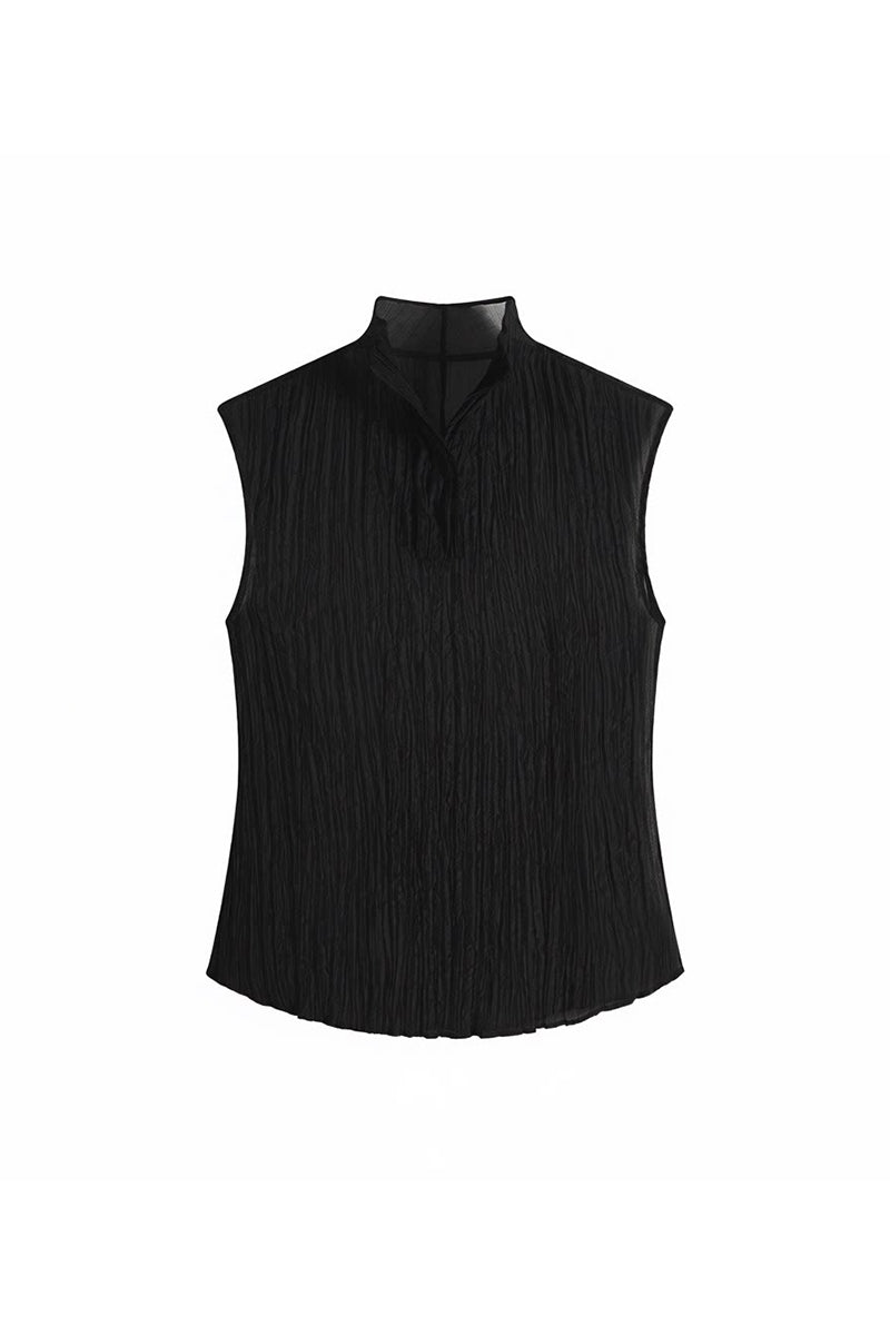 Pleated Sleeveless Sheer Textured Tank Top