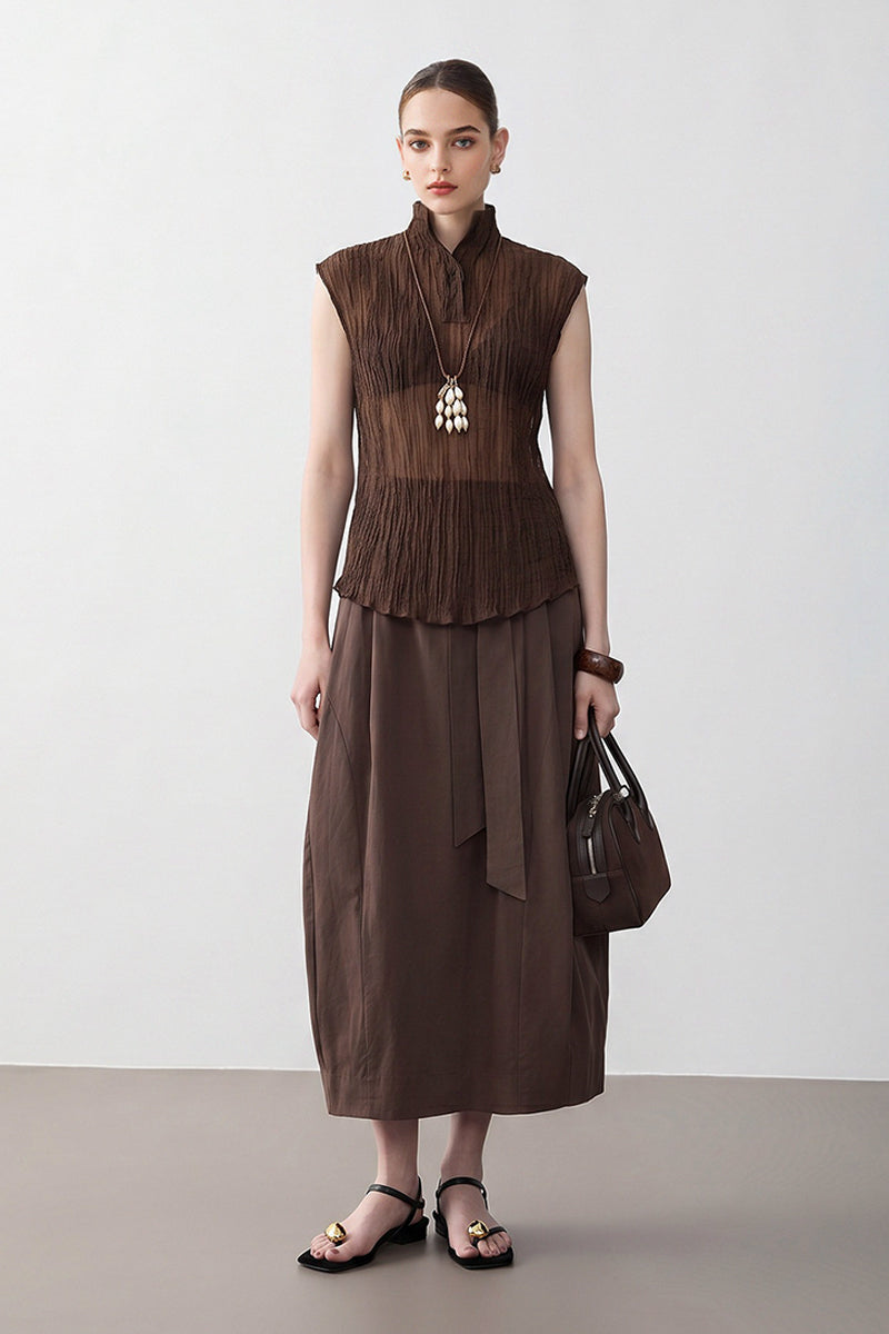 Pleated Sleeveless Sheer Textured Tank Top