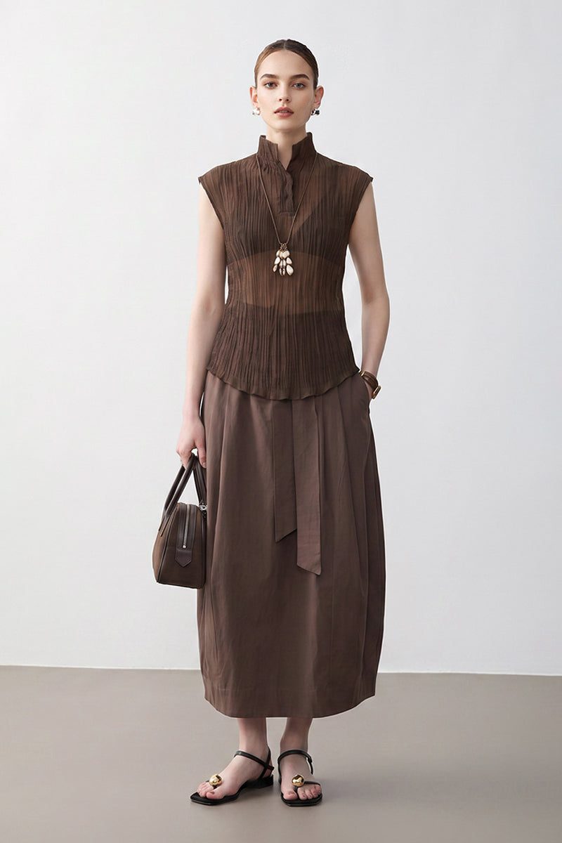 Pleated Sleeveless Sheer Textured Tank Top