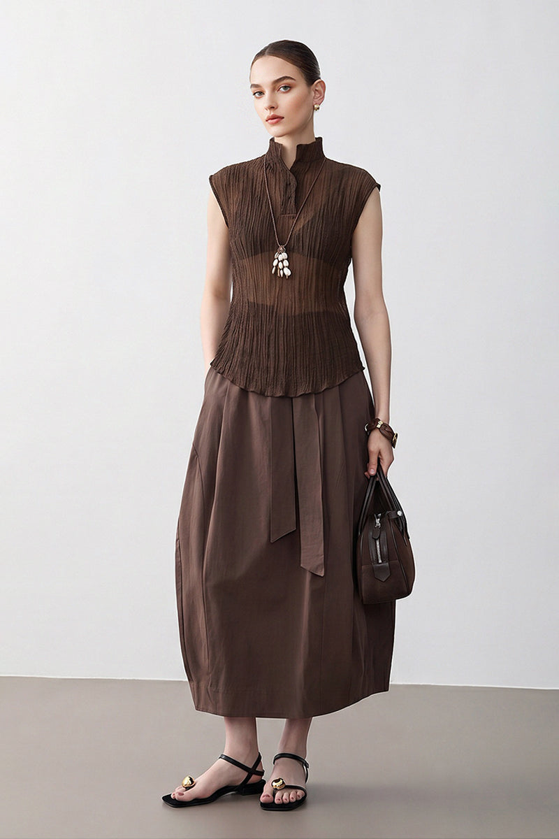 Pleated Sleeveless Sheer Textured Tank Top