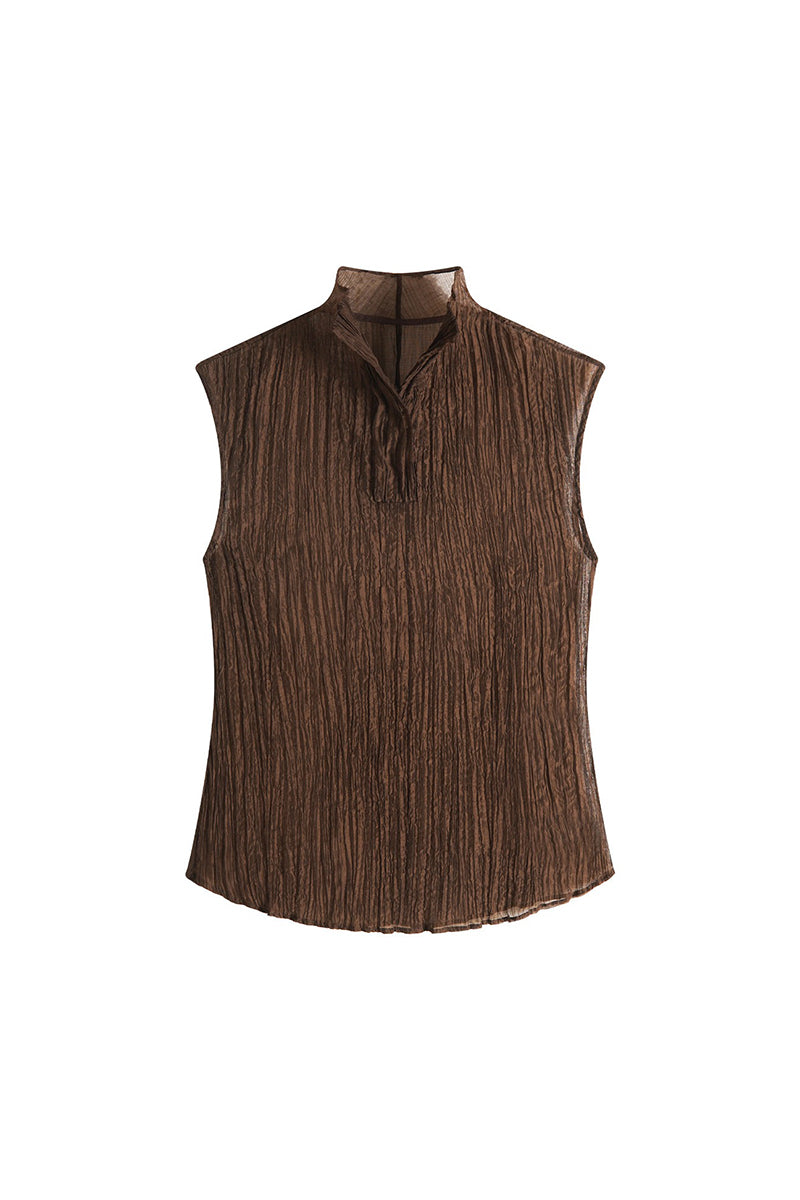 Pleated Sleeveless Sheer Textured Tank Top
