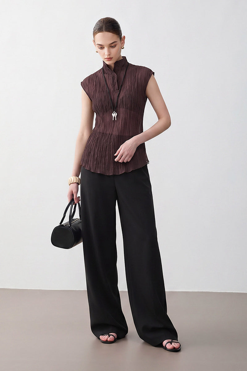 Pleated Sleeveless Sheer Textured Tank Top