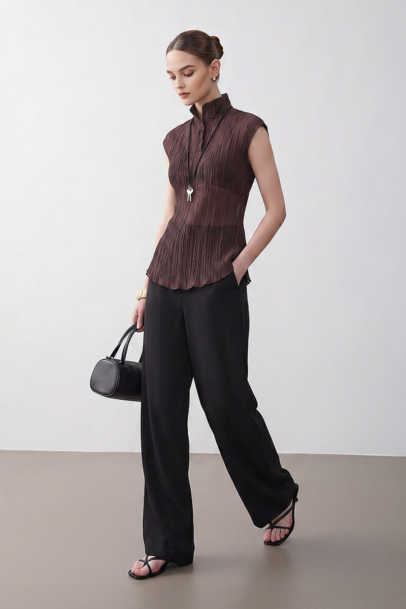 Pleated Sleeveless Sheer Textured Tank Top