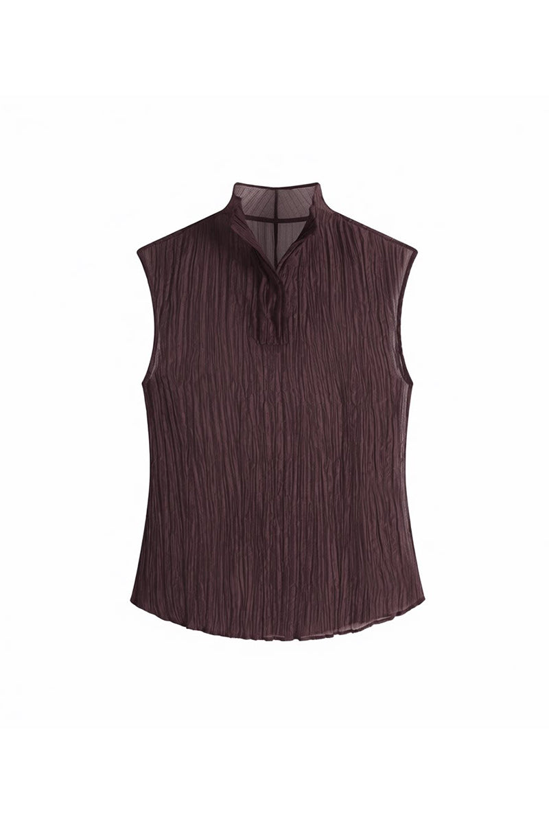 Pleated Sleeveless Sheer Textured Tank Top