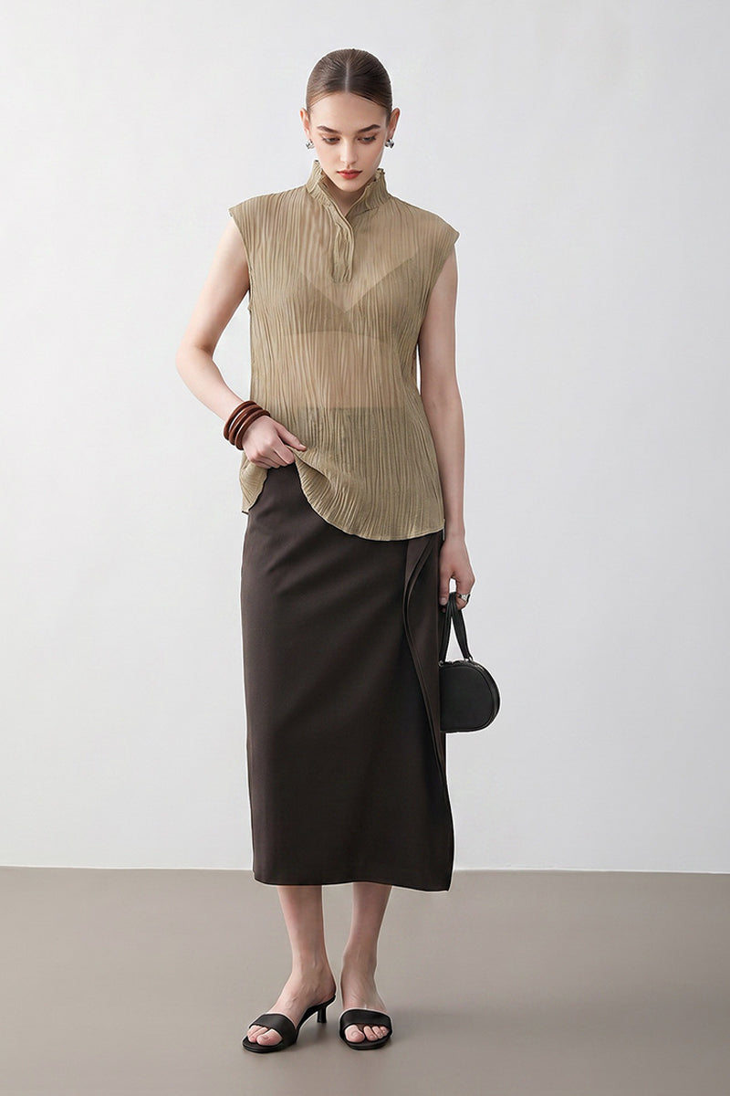 Pleated Sleeveless Sheer Textured Tank Top