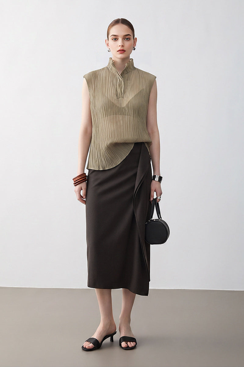 Pleated Sleeveless Sheer Textured Tank Top