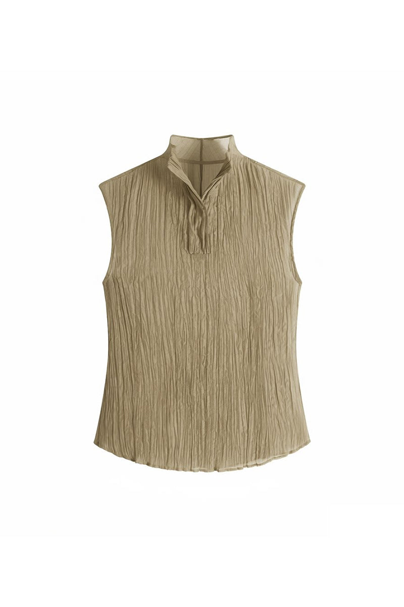 Pleated Sleeveless Sheer Textured Tank Top