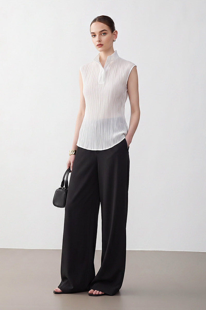 Pleated Sleeveless Sheer Textured Tank Top