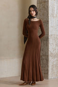 Pleated Wool-Blend Long Sleeve Maxi Sweater Dress in Brown