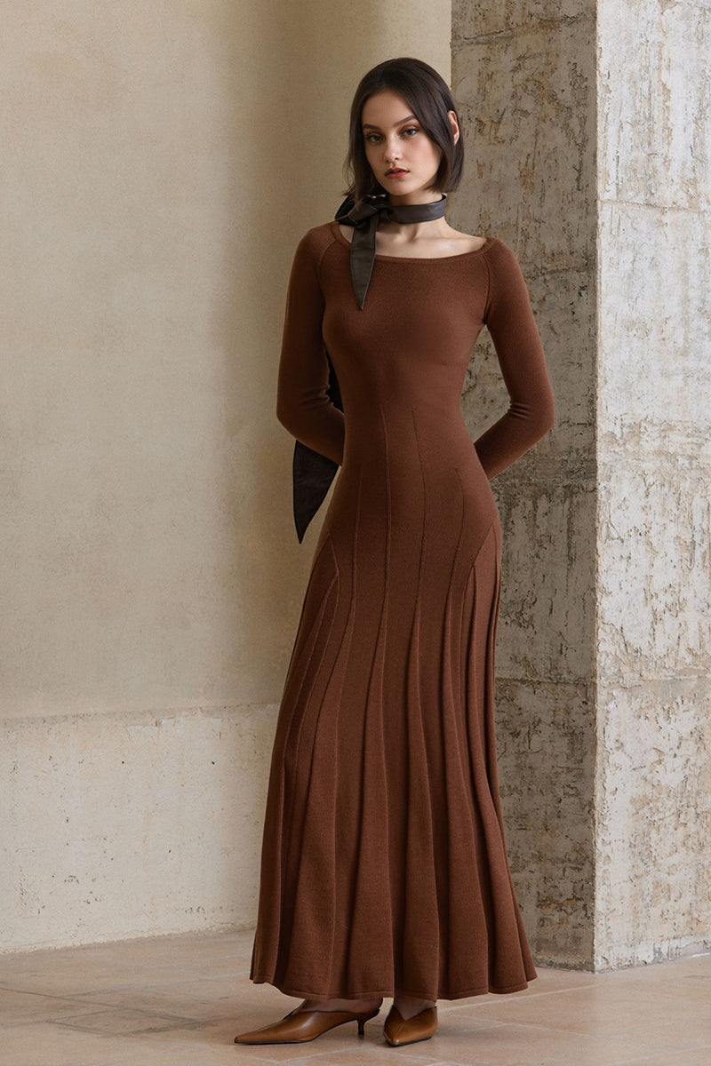 Pleated Wool-Blend Long Sleeve Maxi Sweater Dress in Brown
