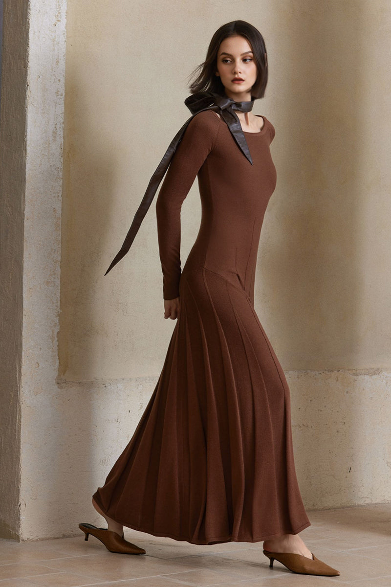 Pleated Wool-Blend Long Sleeve Maxi Sweater Dress in Brown