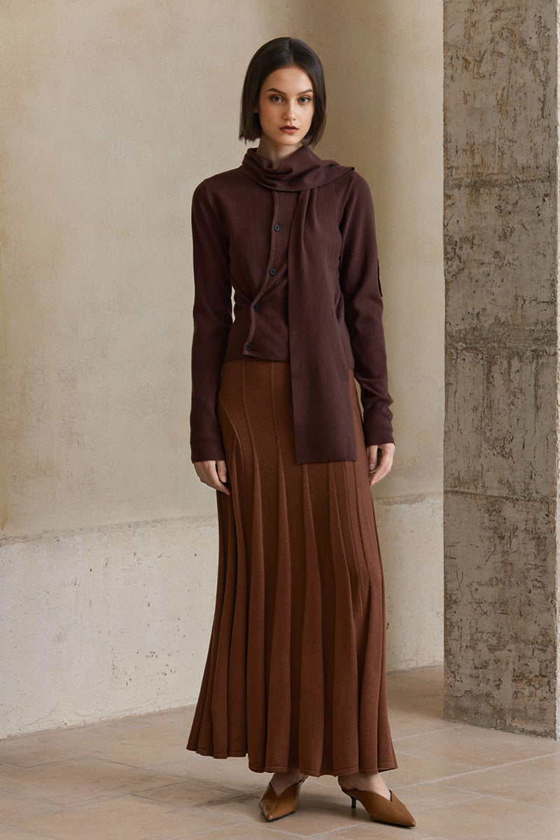 Pleated Wool-Blend Long Sleeve Maxi Sweater Dress in Brown