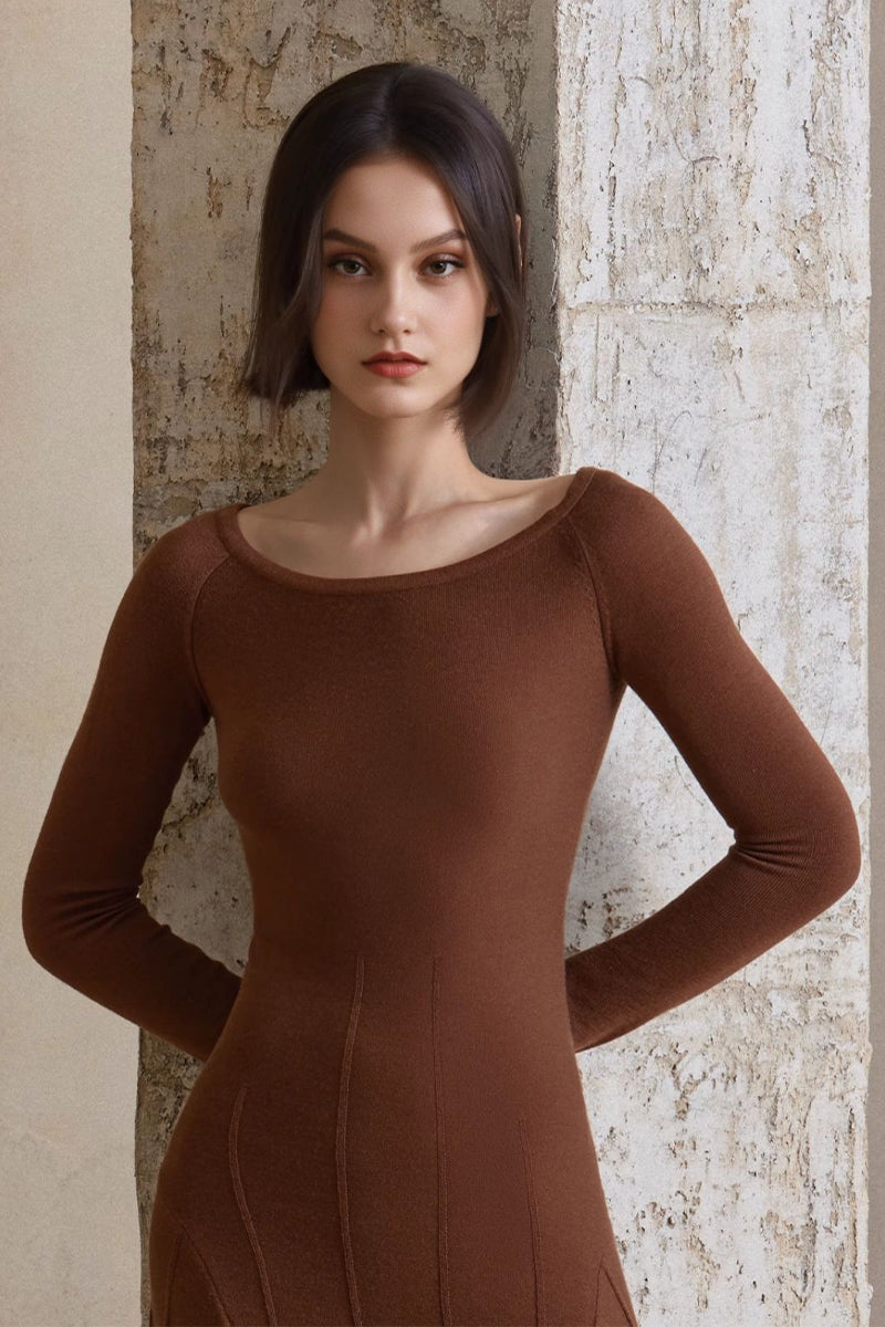 Pleated Wool-Blend Long Sleeve Maxi Sweater Dress in Brown