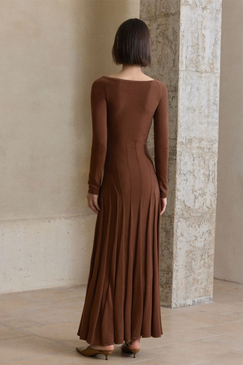 Pleated Wool-Blend Long Sleeve Maxi Sweater Dress in Brown