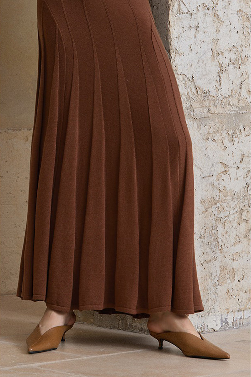 Pleated Wool-Blend Long Sleeve Maxi Sweater Dress in Brown