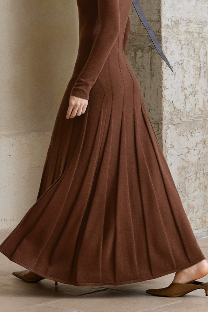 Pleated Wool-Blend Long Sleeve Maxi Sweater Dress in Brown