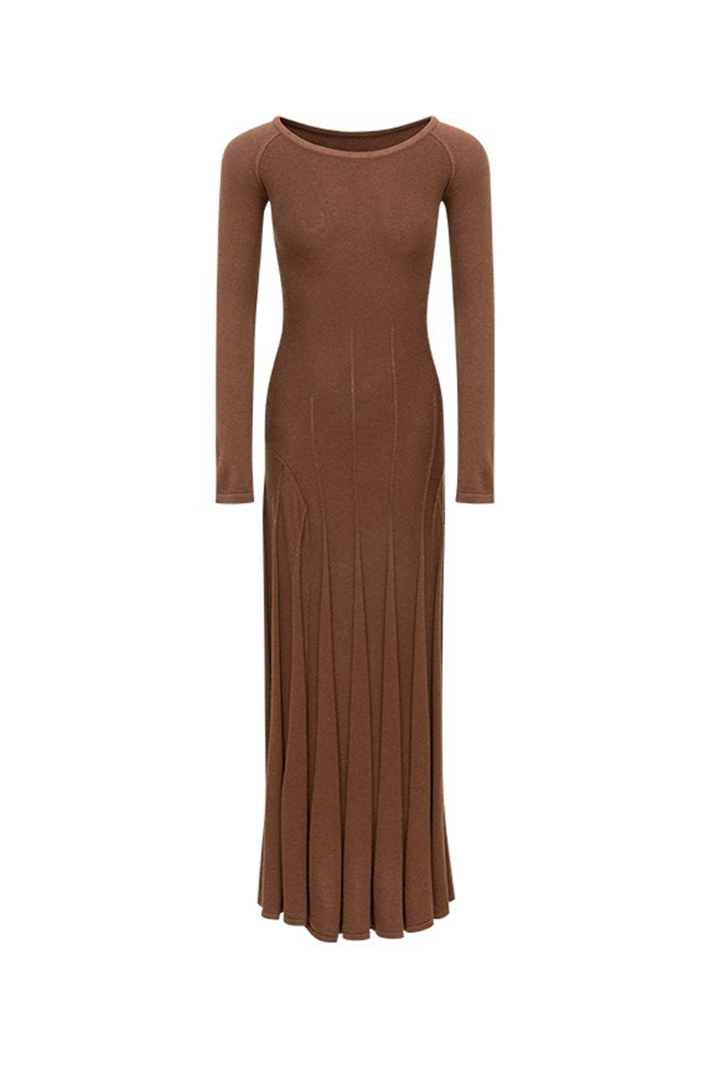 Pleated Wool-Blend Long Sleeve Maxi Sweater Dress in Brown