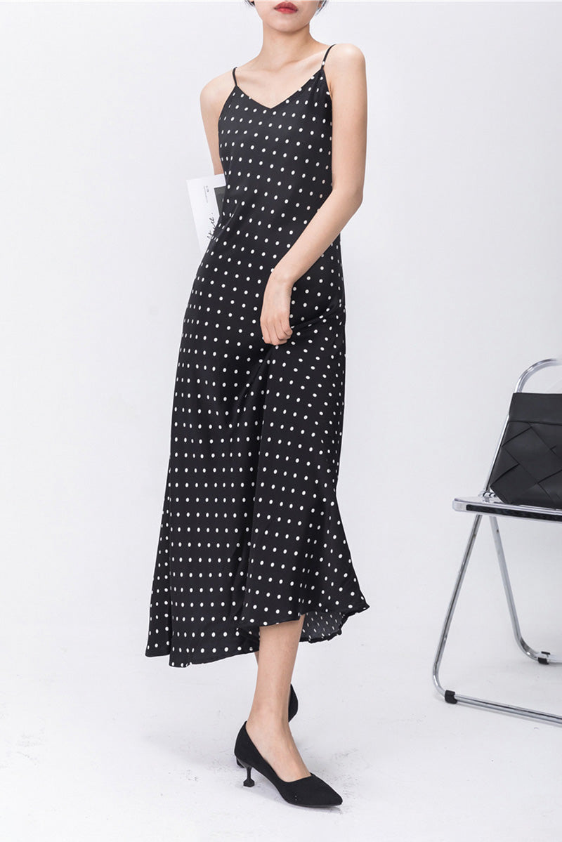 Polka-Dot V-Neck Midi Slip Dress in Triacetate-Blend