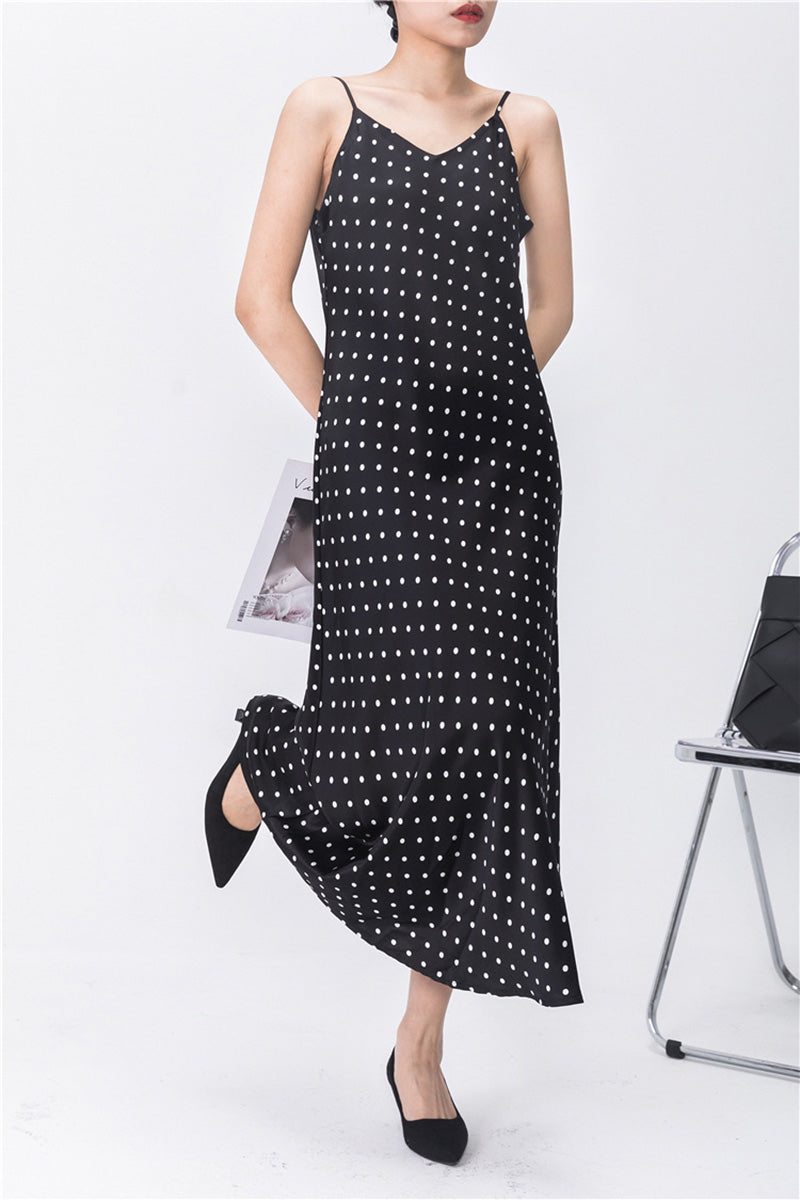 Polka-Dot V-Neck Midi Slip Dress in Triacetate-Blend