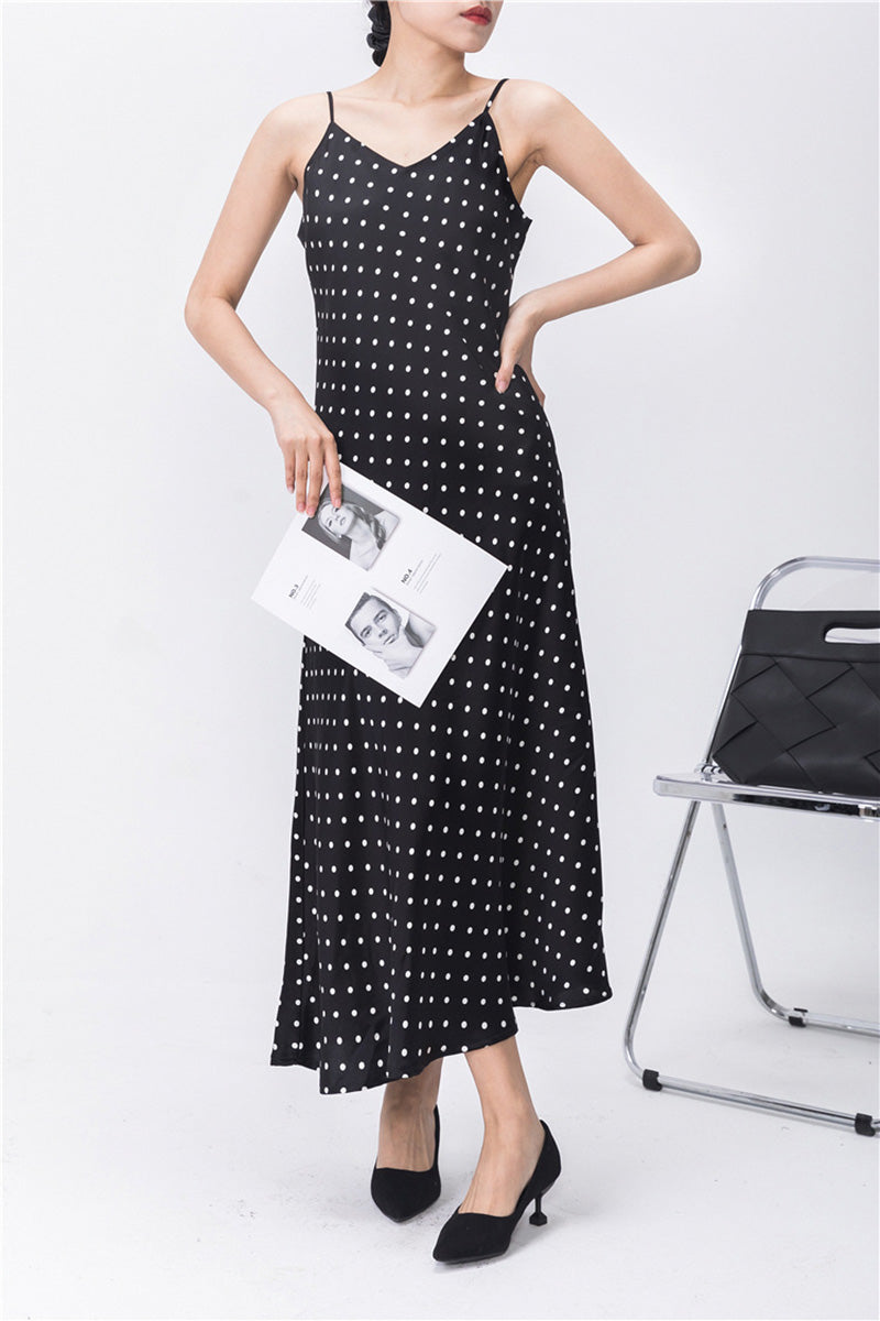 Polka-Dot V-Neck Midi Slip Dress in Triacetate-Blend