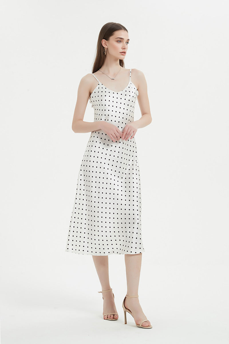 Polka-Dot V-Neck Midi Slip Dress in Triacetate-Blend