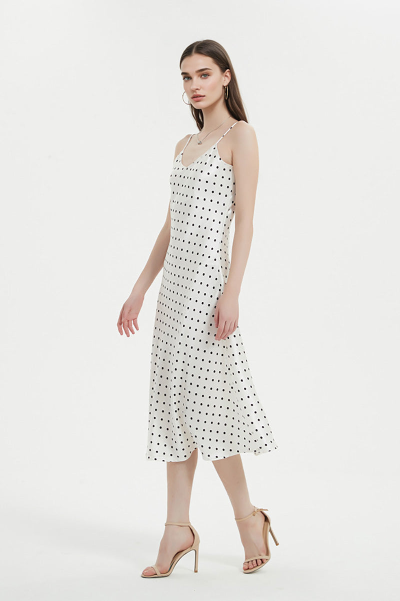 Polka-Dot V-Neck Midi Slip Dress in Triacetate-Blend
